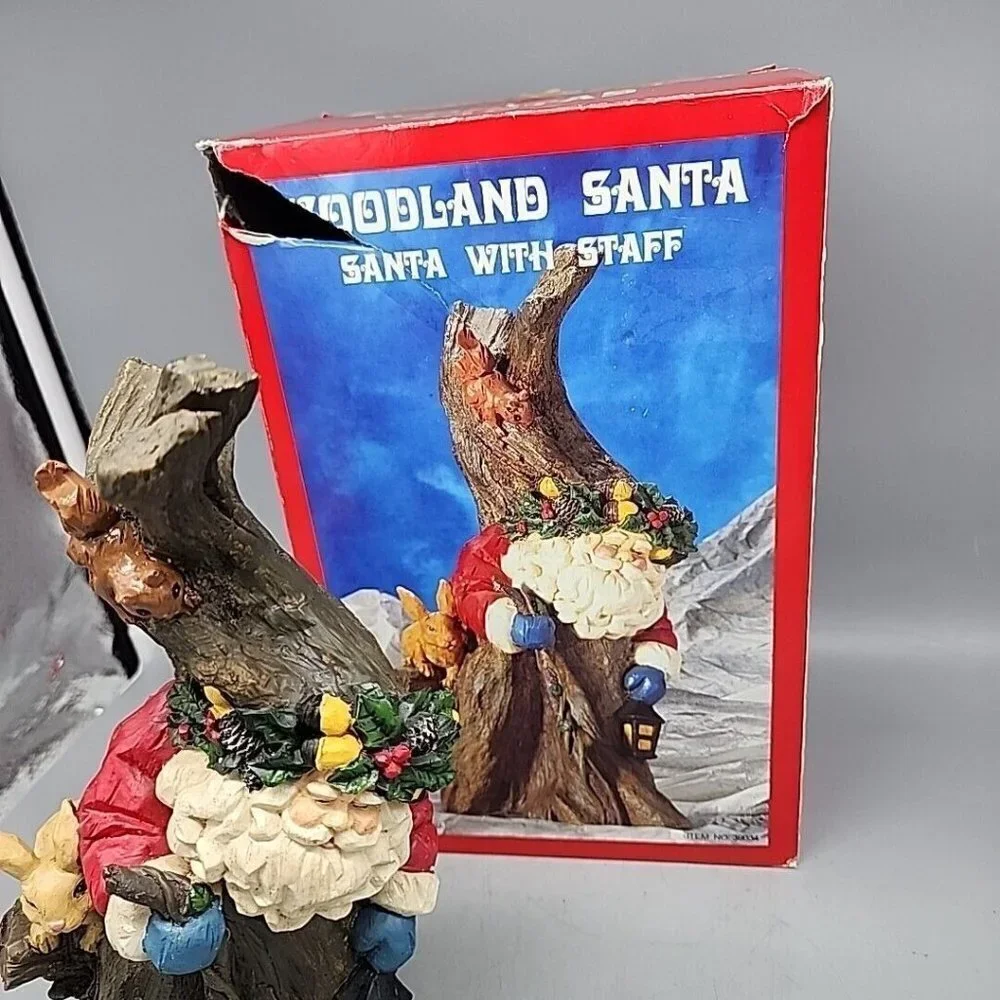 WOODLAND SANTA CLAUS Figurine with staff & woodland animals With Box 11